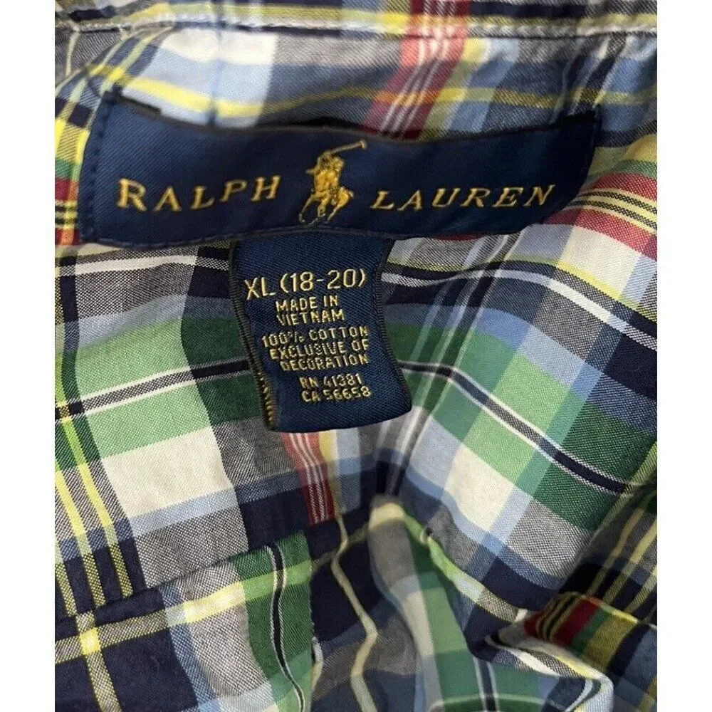 Ralph Lauren Boys Large 18-20 Colorful Plaid Short Sleeve Button Shirt Cotton